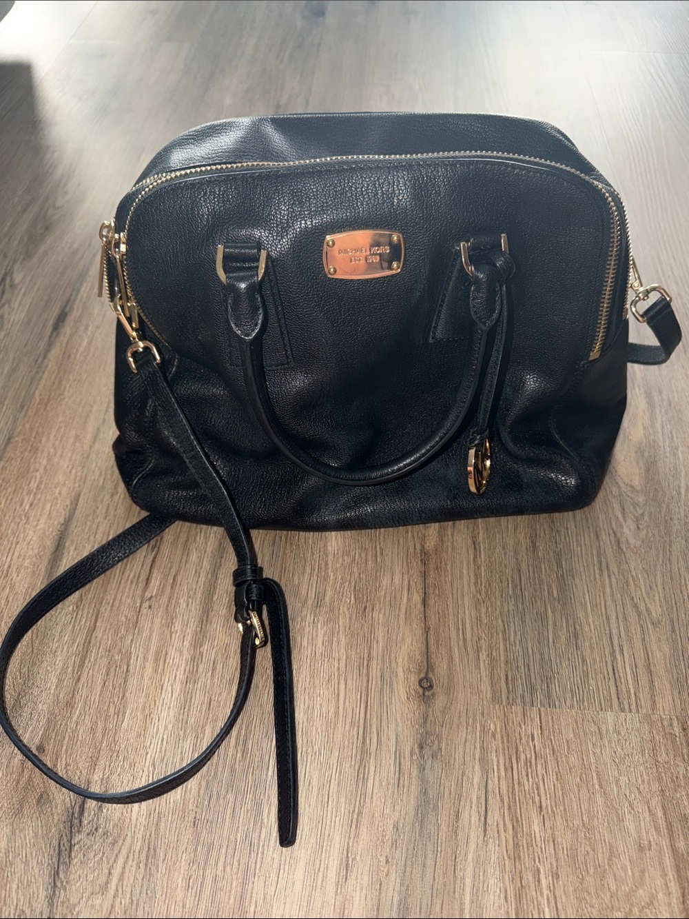 Michael Kors Black Pebbled Leather Satchel with Gold Accents